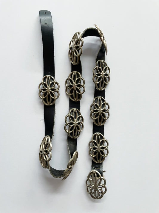 1970s Vintage Navajo Sandcast Sterling Silver and Leather Concho Belt