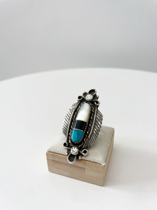 1970s Vintage Turquoise, Onyx, and Pearl Inlay Ring by Andrew Dewa Zuni Size 7
