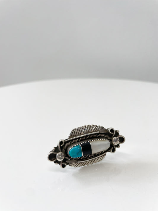 1970s Vintage Turquoise, Onyx, and Pearl Inlay Ring by Andrew Dewa Zuni Size 7