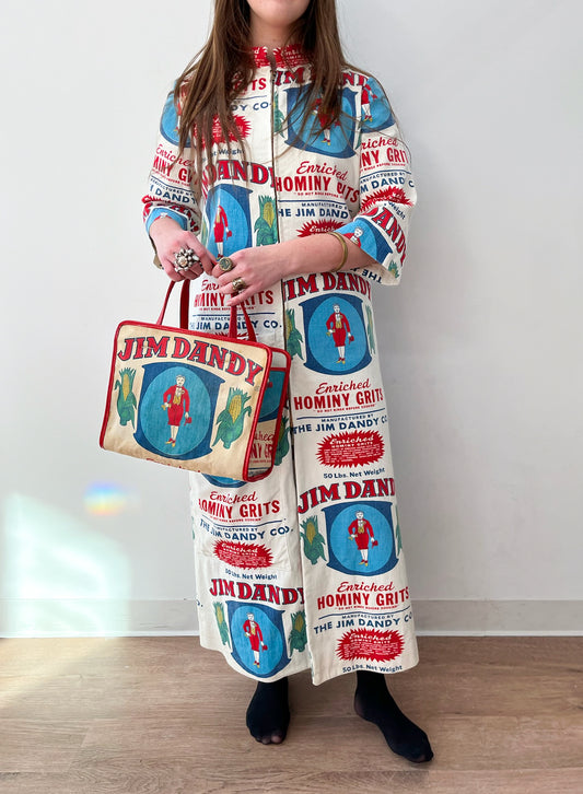 1970s Vintage Jim Dandy Hominy Grits Feedsack Advertising Coat and Purse Set