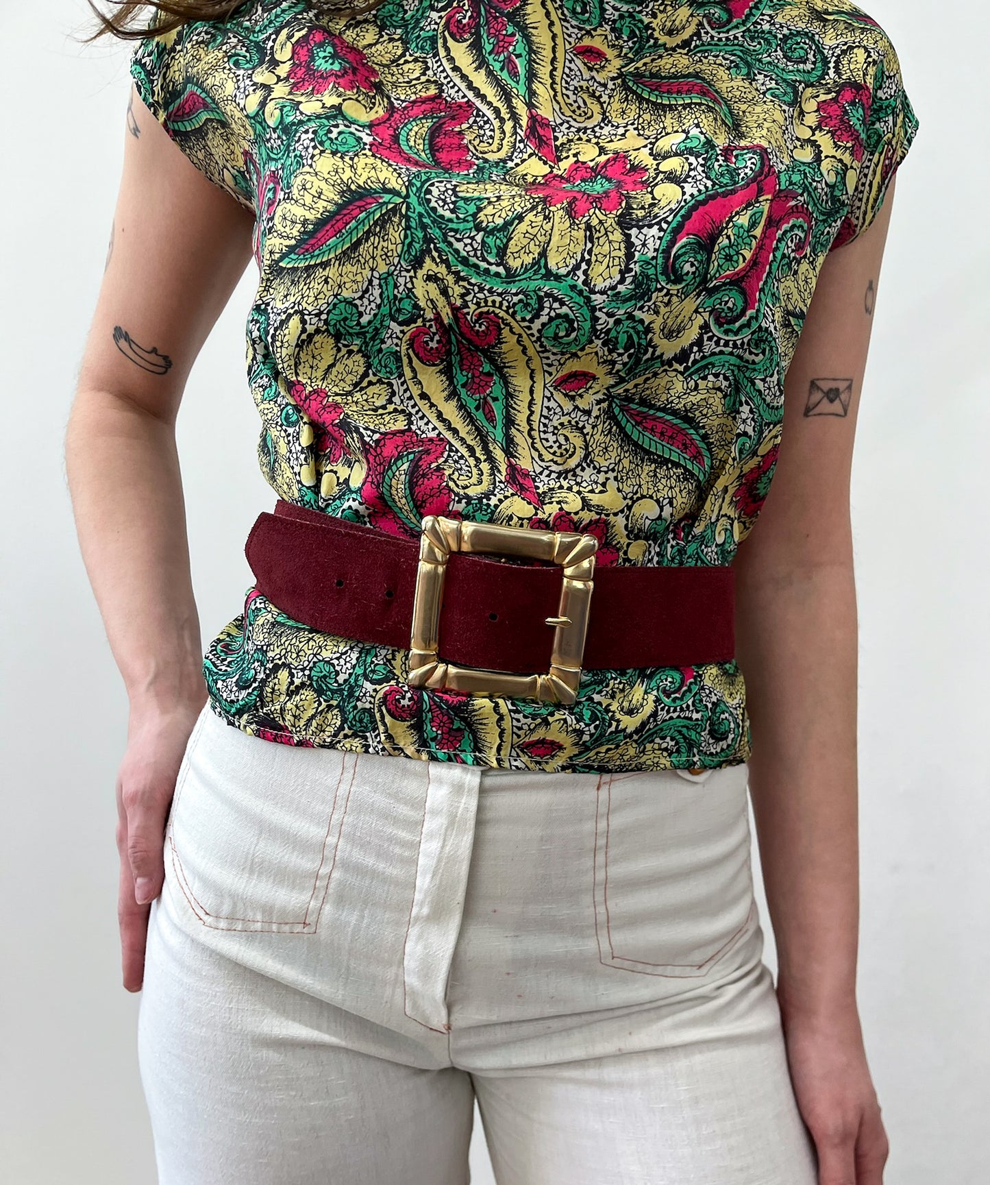 1970s Vintage Burgundy Suede Belt with Giant Gold Buckle