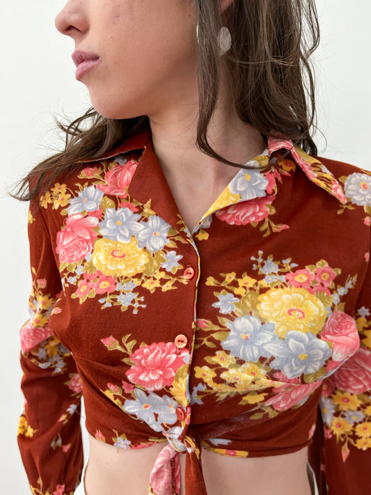 1970s Vintage Floral Collared Disco Crop Top