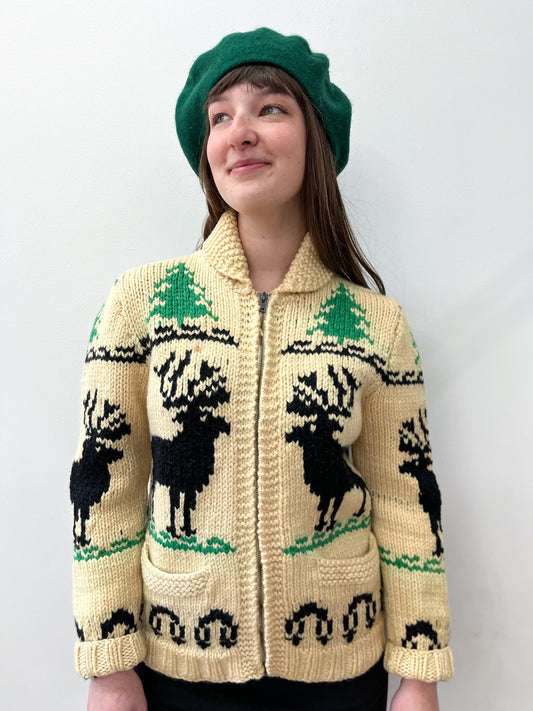 1950s Vintage Elk in the Forest Cowichan Zip Up Sweater