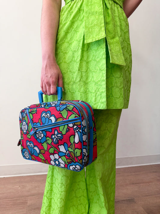 1960s Vintage Neon Green Roses Elastic Waist Halter Multi Piece Set
