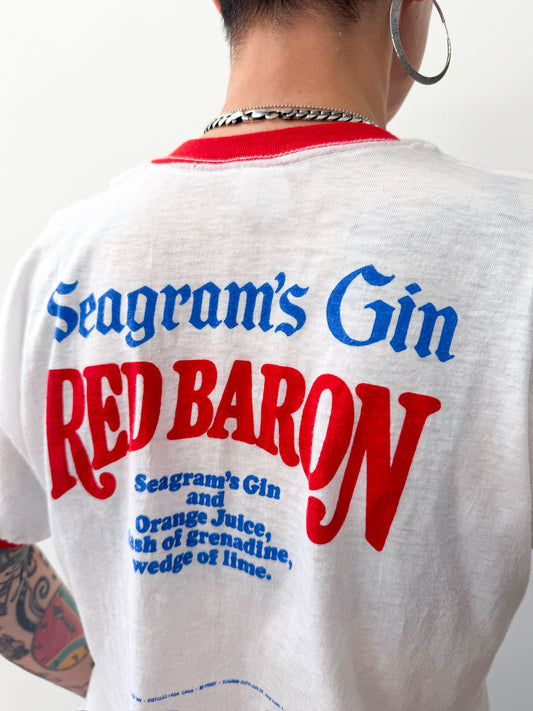 1970s - 1980s Vintage Seagram's Gin Red Baron Recipe Ringer Tee Shirt