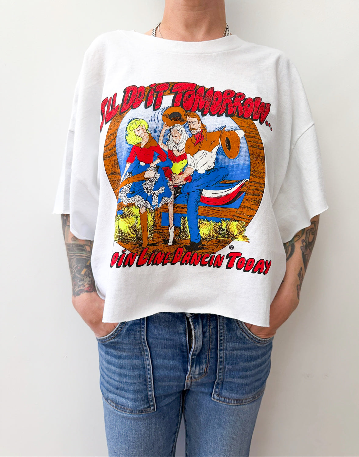 1990s Vintage Line Dancin' Procrastination Crop Top Tee