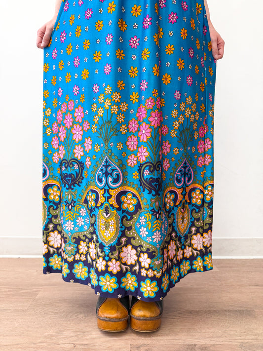 1970s Vintage Flower Power Backless Halter Maxi Dress