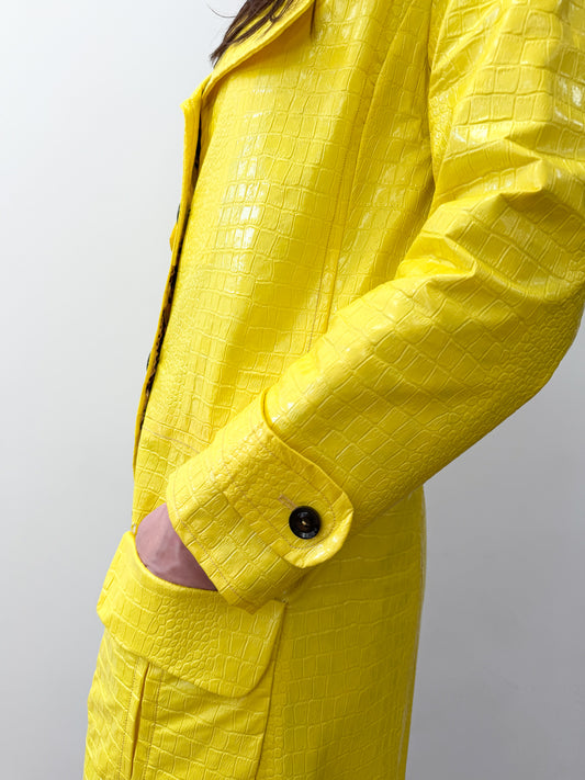 1960s Vintage Vogue Paris Bright Yellow Mod Embossed Vinyl Reptile Print Jacket