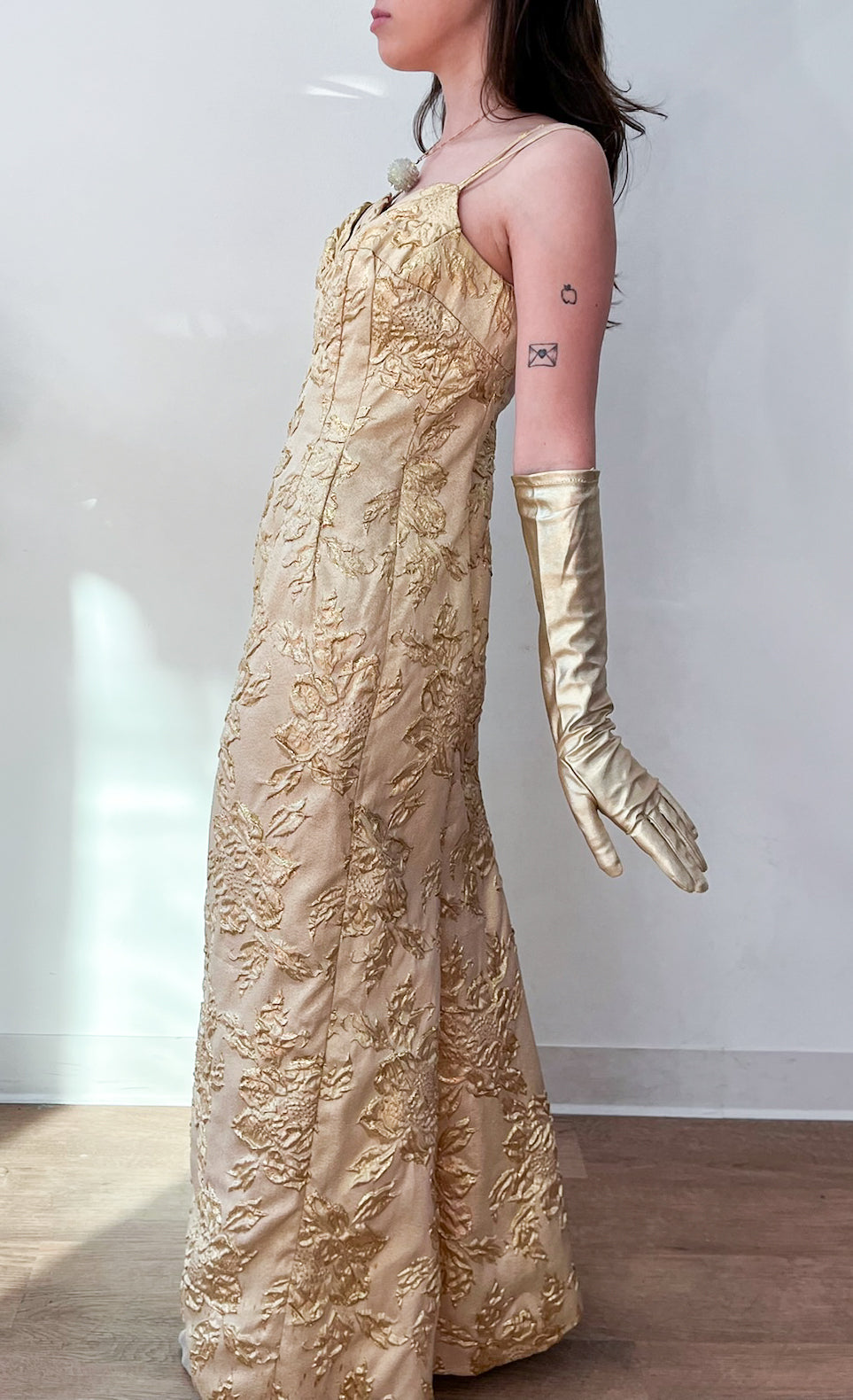 golden long dress 1950s Vintage Golden Floral Brocade Cocktail Maxi Dress