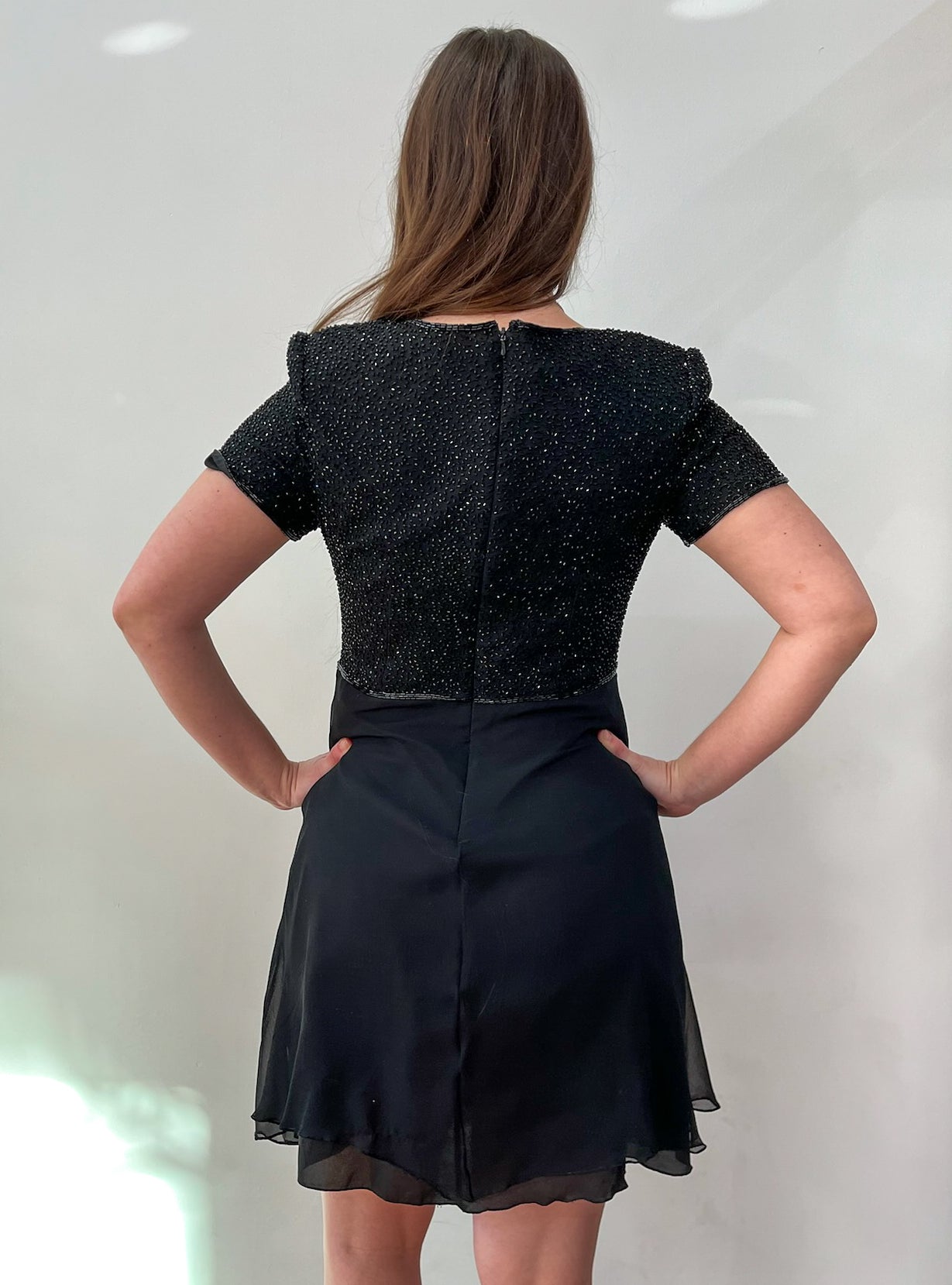 1990s Vintage Black Formal Sequin & Silk Dress