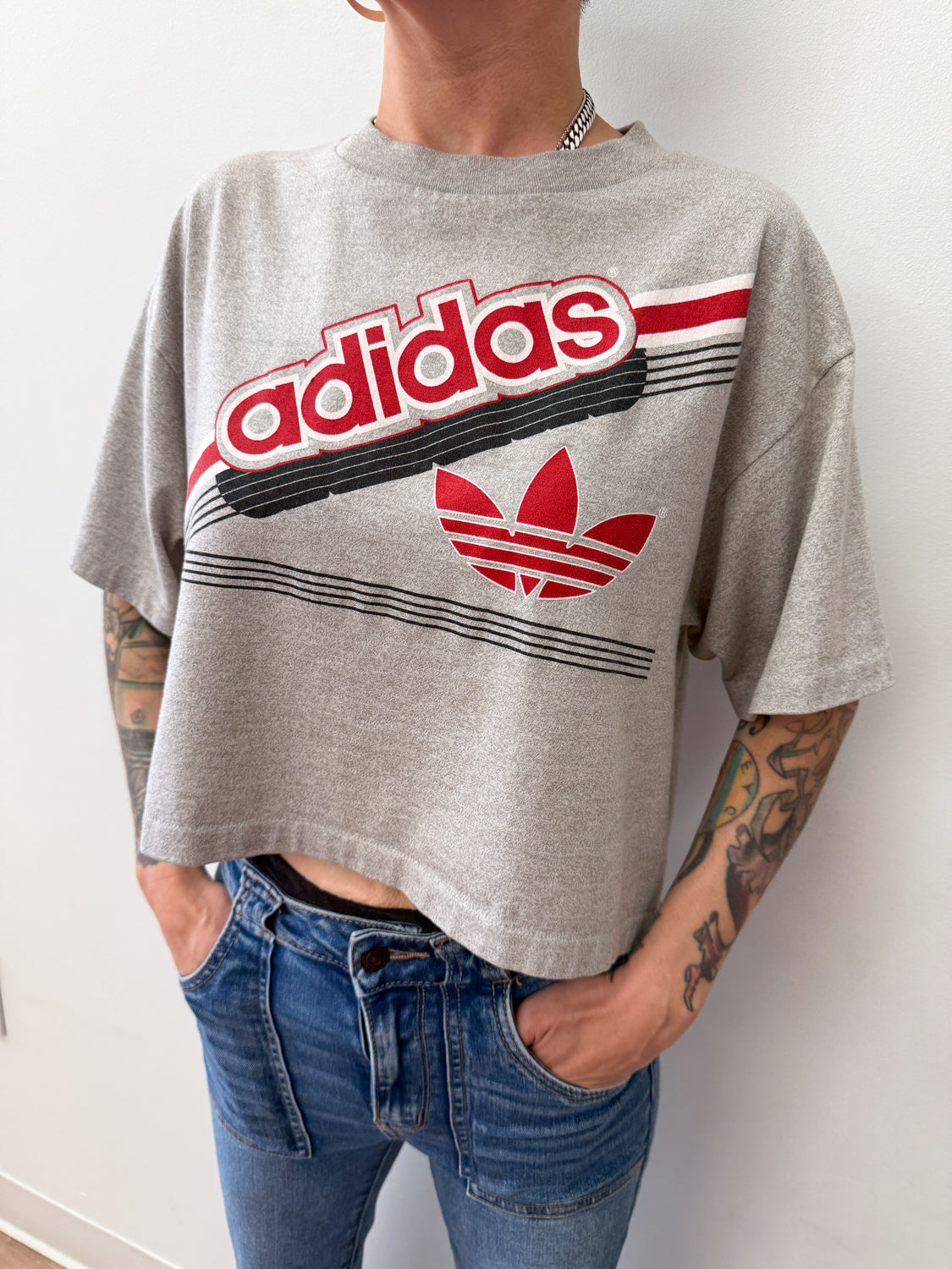 1980s Vintage ADIDAS Heather Grey Crop Top Tee