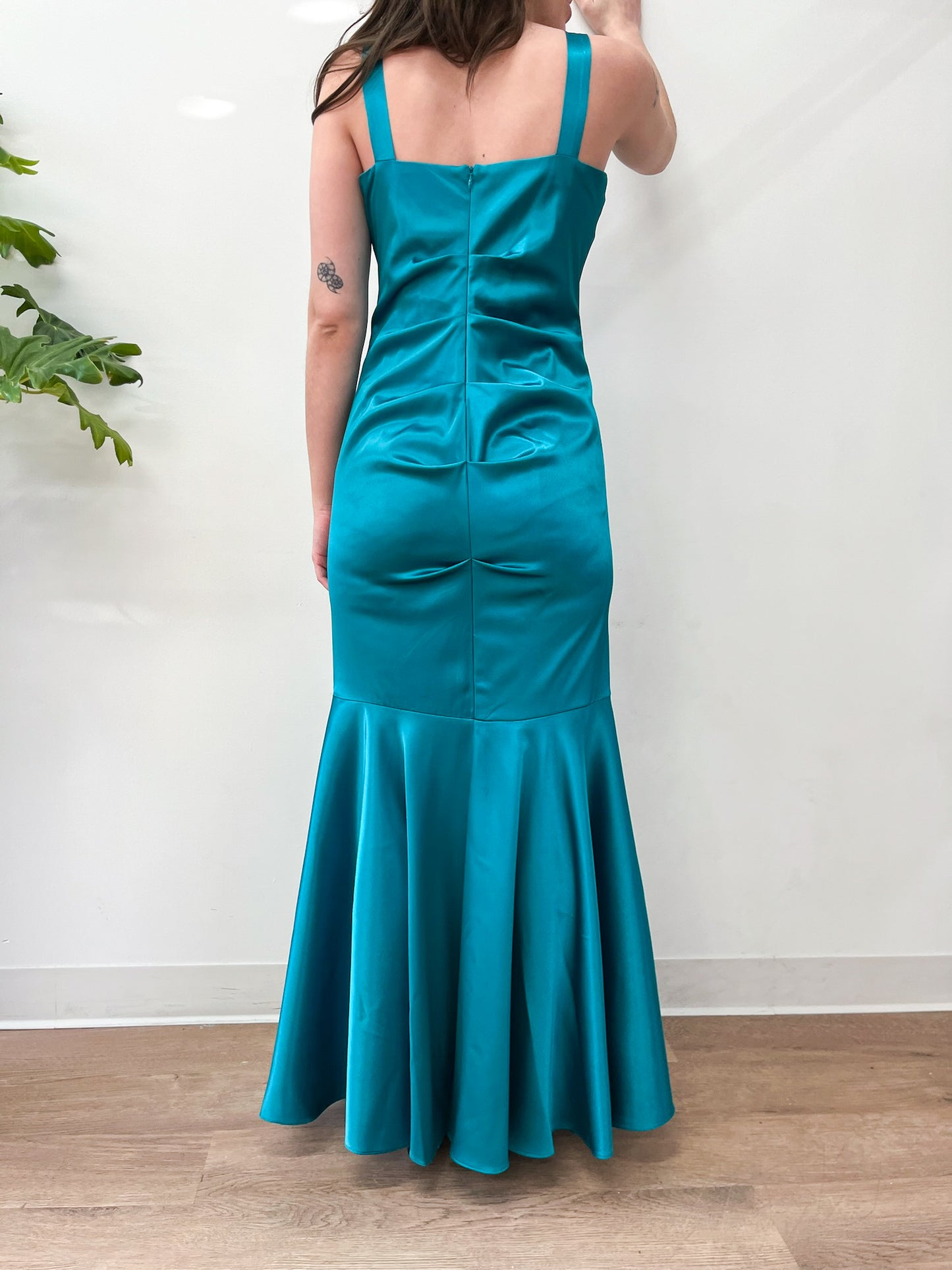 2000s Y2K Vintage Teal Mermaid Hem Prom Formal Party Gown Dress