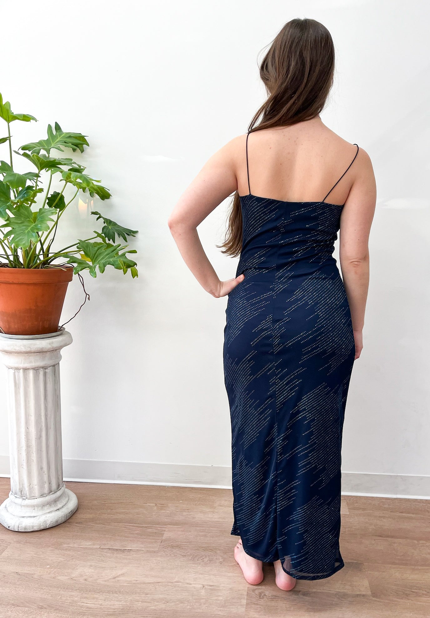 1990s Vintage Night Sky Deep Navy Sequined Prom Party Dress