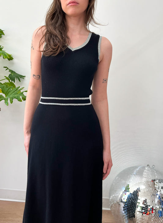 1970s Vintage Black & Silver Knit Maxi Dress by Roncelli