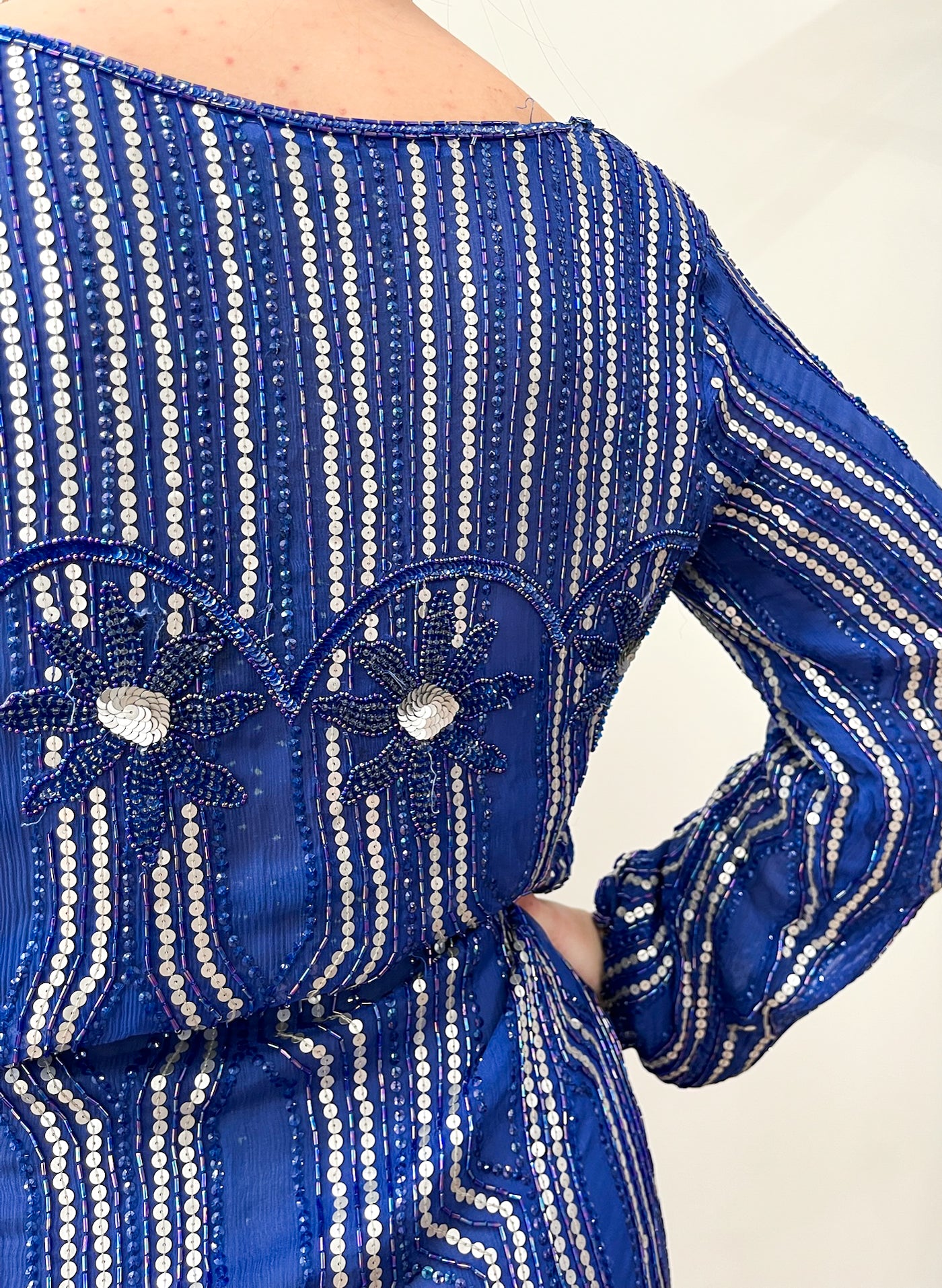 1980s Vintage Cobalt Blue Heavily Beaded 80s does 20s Gatsby Party Dress