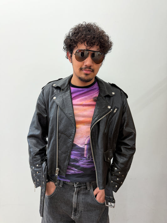 1990s Vintage Fox Run Black Studded Leather Motorcycle Jacket