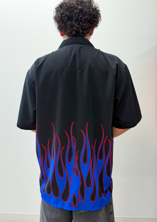1990s Vintage Harley Davidson Blue & Red Flames Motorcycle Button Up Work Shirt