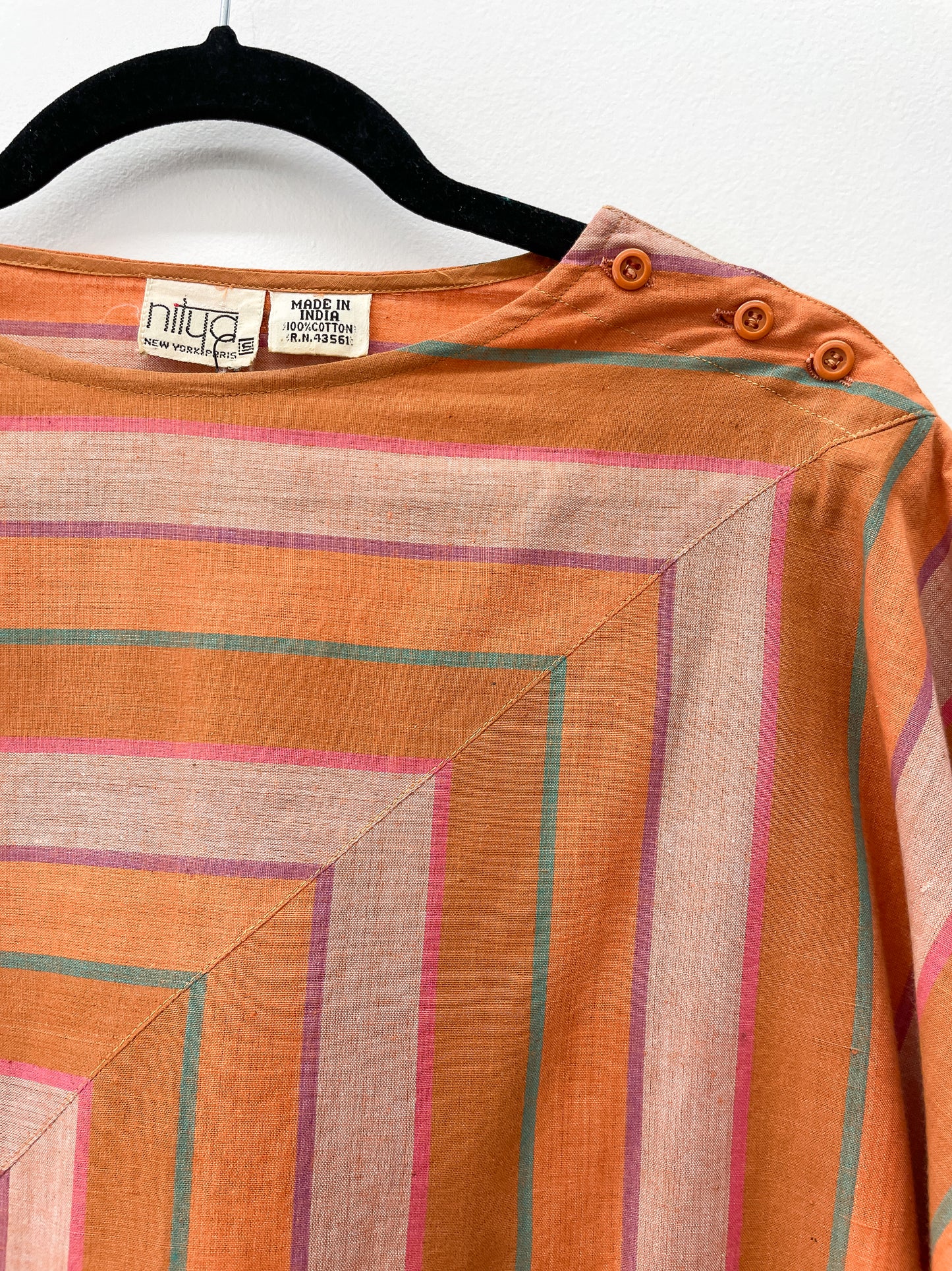 1980s Vintage Square Striped Sunset Cotton Bat Wing Blouse