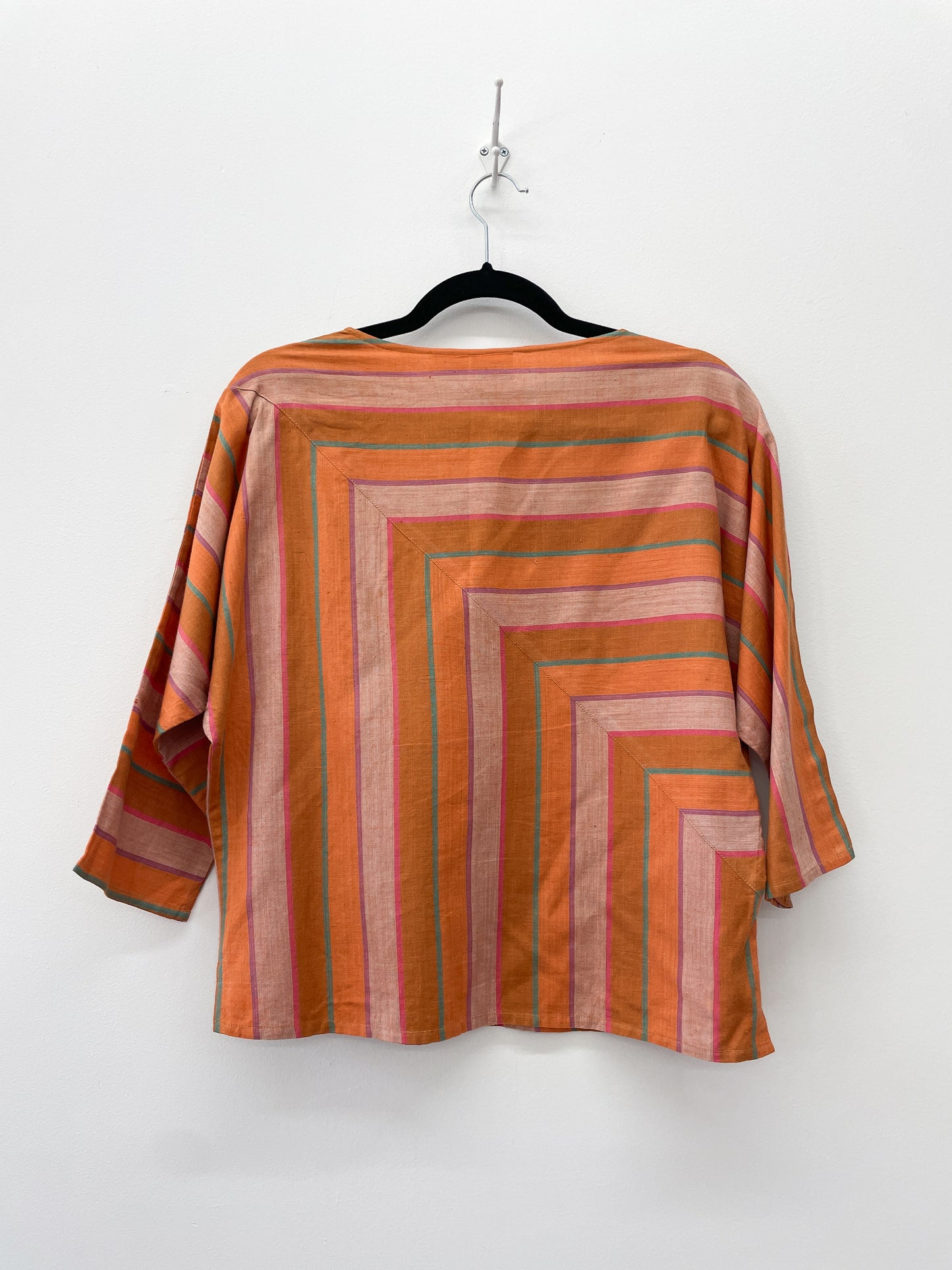 1980s Vintage Square Striped Sunset Cotton Bat Wing Blouse