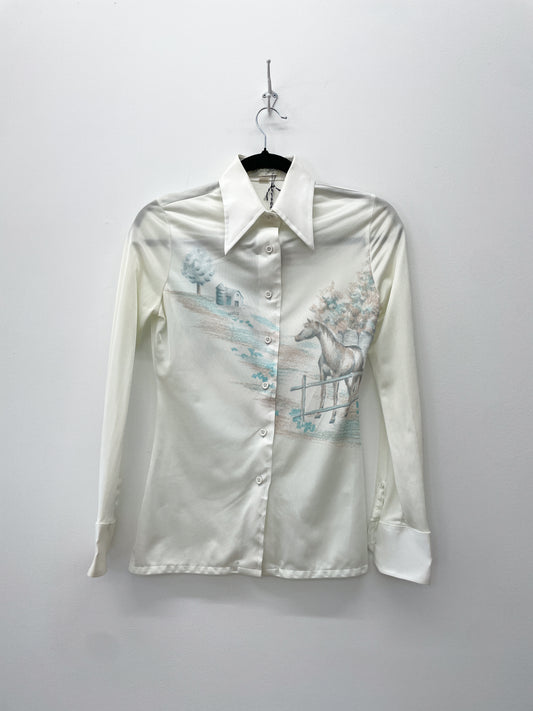 1970s Vintage Horse Girl Dagger Collar Disco Blouse Shirt