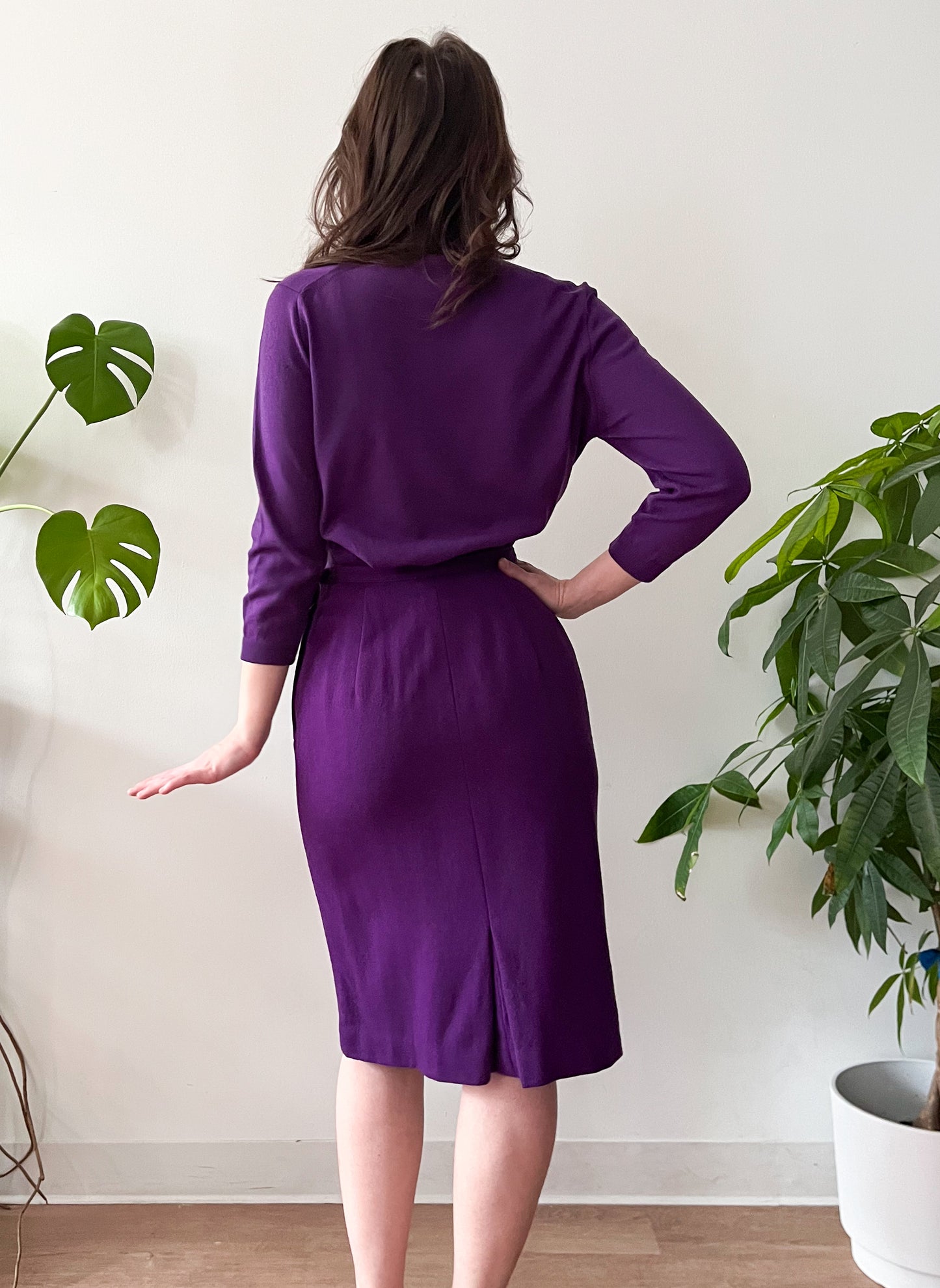 1960s Vintage Bobbie Brooks Plum Purple Wool Skirt and Blouse Set