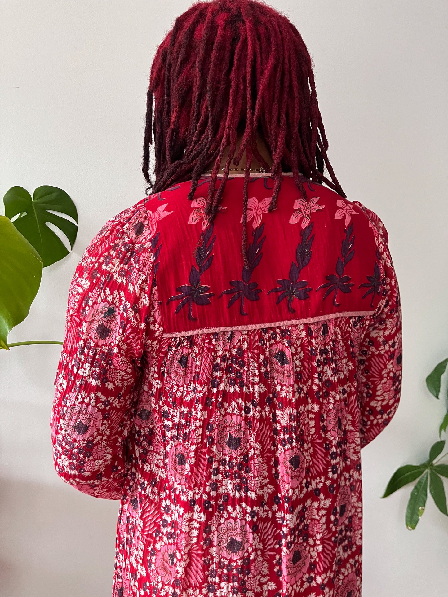 1970s Vintage Indian Cotton Rose Block Print Tunic Dress