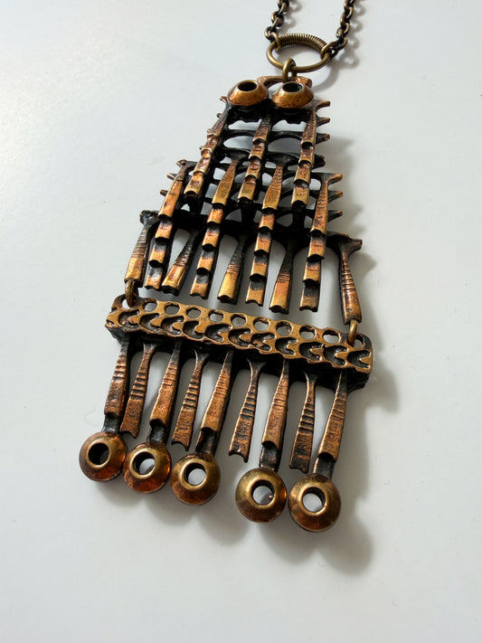 1960s Vintage Mid-Century Brutalist Copper Statement Owl Necklace by Pentti Sarpaneva