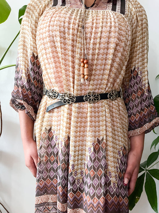 1970s Vintage Patterned Sheer Tunic Hippie Dress with Wood Bead Neck Tie