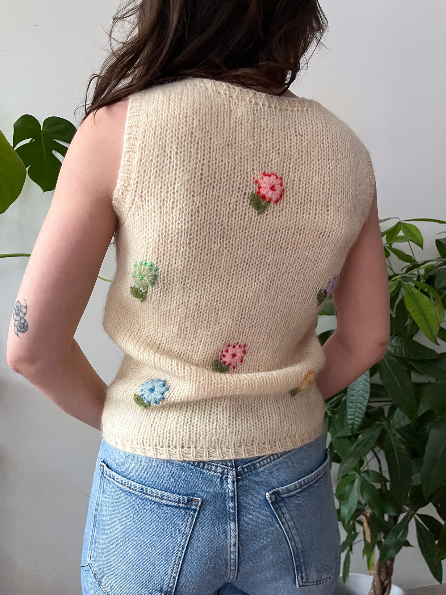 1960s Vintage Cream Mohair Knit Floral Embroidered Sleeveless Sweater
