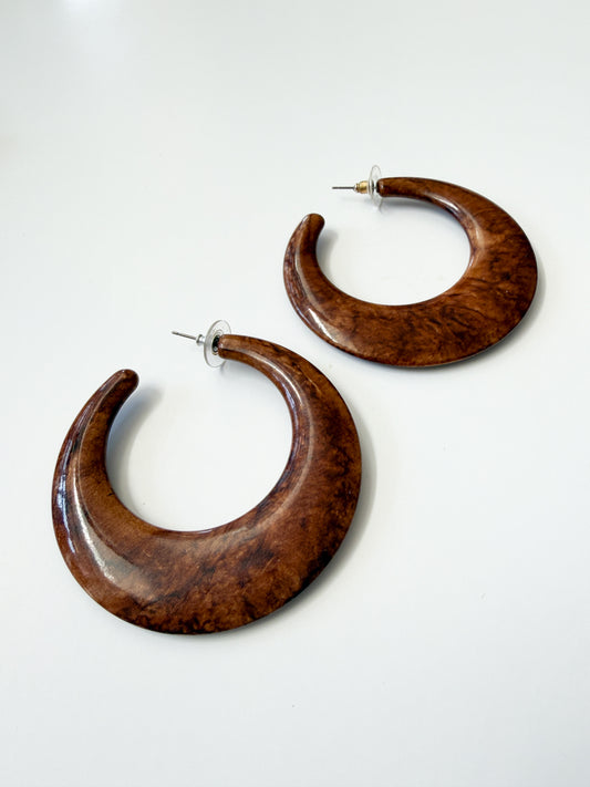 1970s Vintage Dark Wooden Hoop Crescent Earrings
