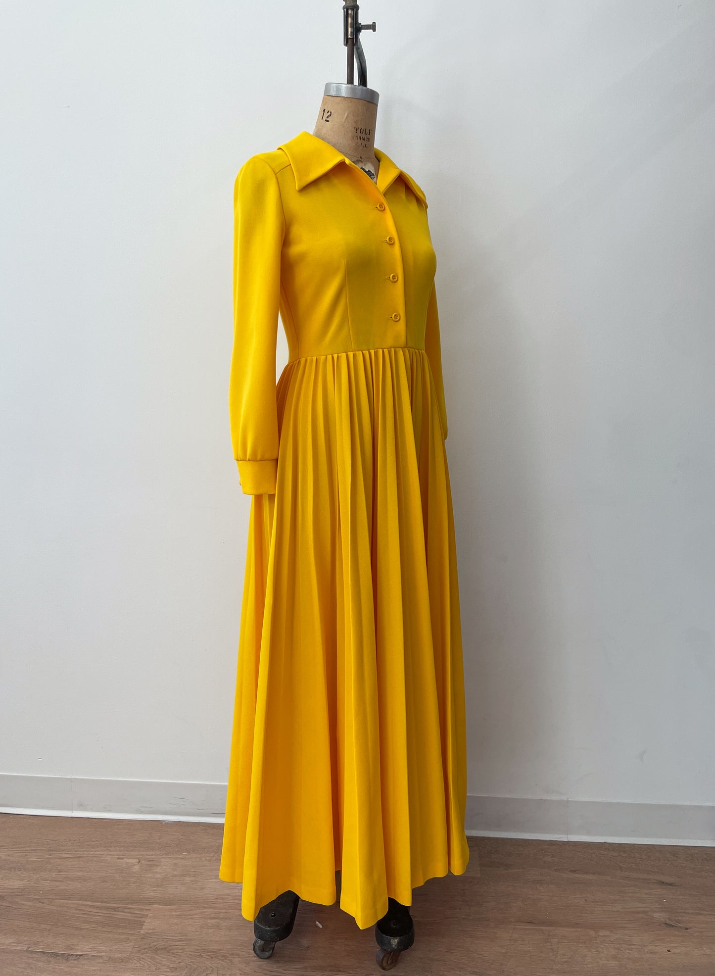 1970s Vintage Bright Yellow Pleated Maxi Dress