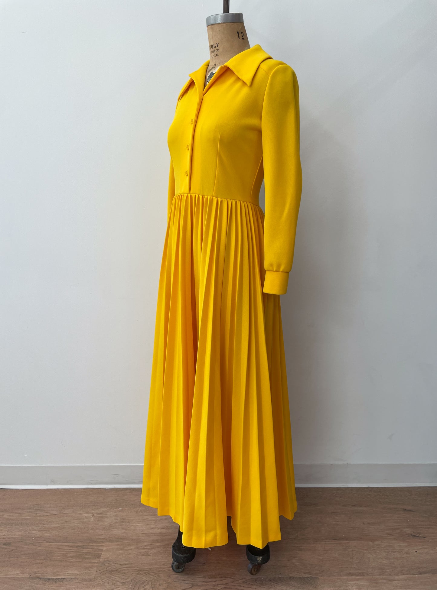 1970s Vintage Bright Yellow Pleated Maxi Dress