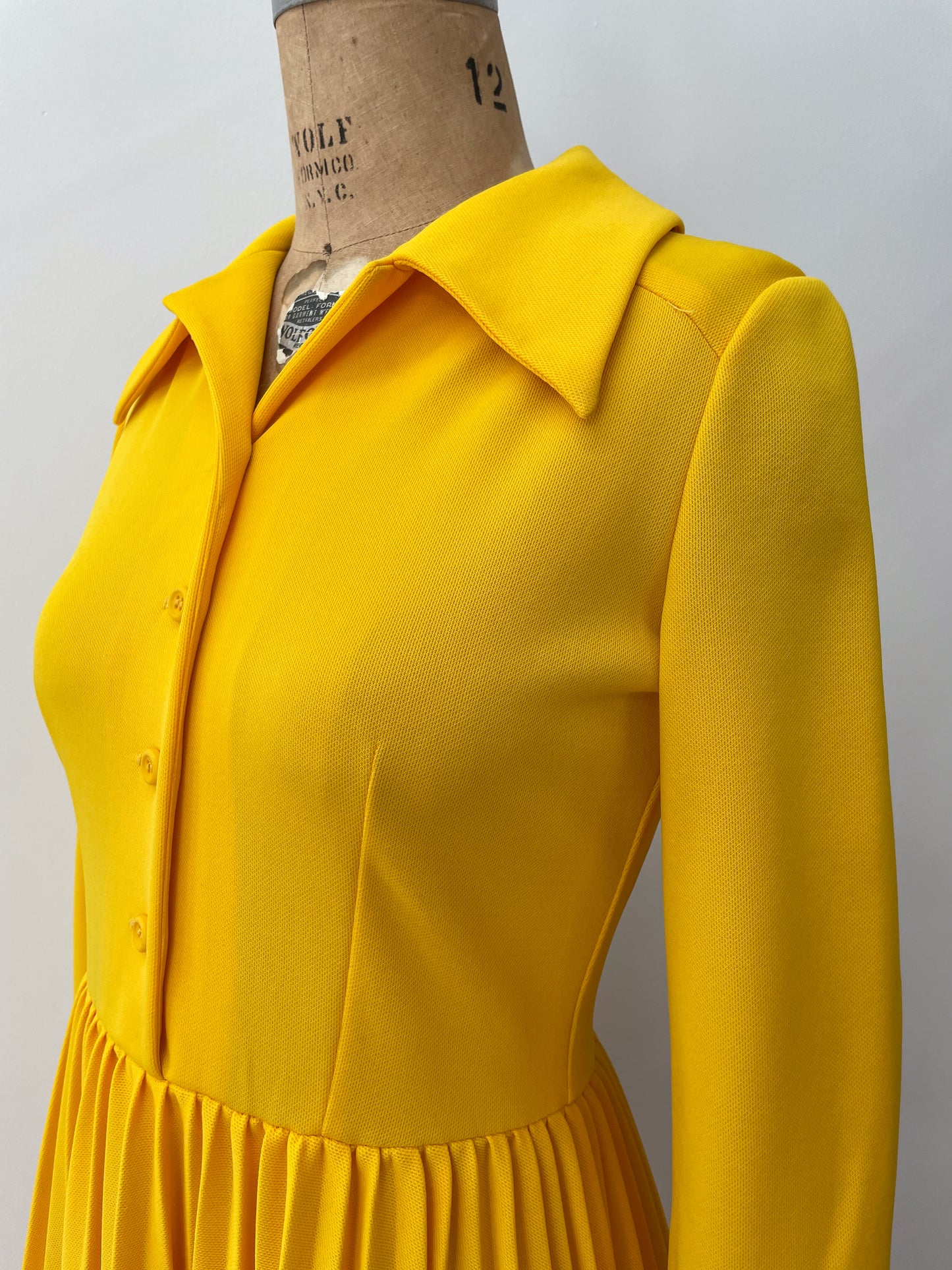 1970s Vintage Bright Yellow Pleated Maxi Dress