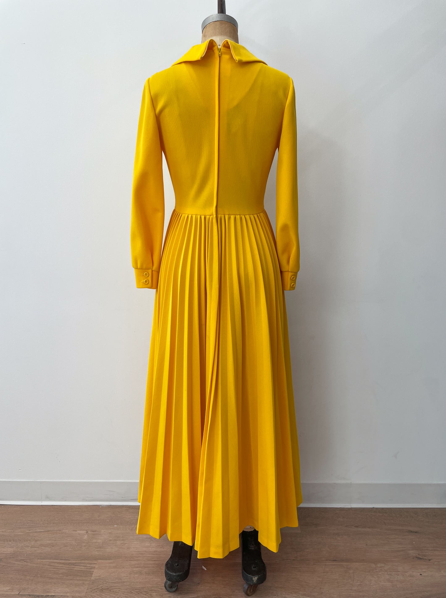 1970s Vintage Bright Yellow Pleated Maxi Dress
