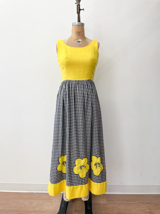 1970s Vintage Yellow Gingham Flowers Mod Maxi Dress