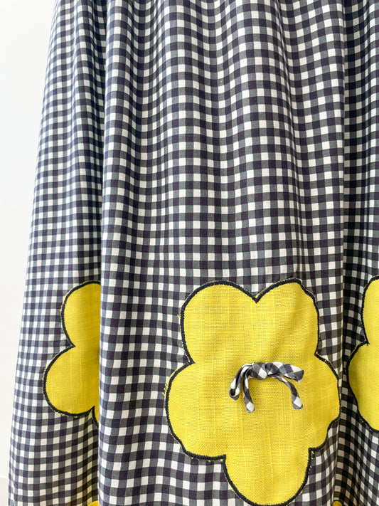 1970s Vintage Yellow Gingham Flowers Mod Maxi Dress