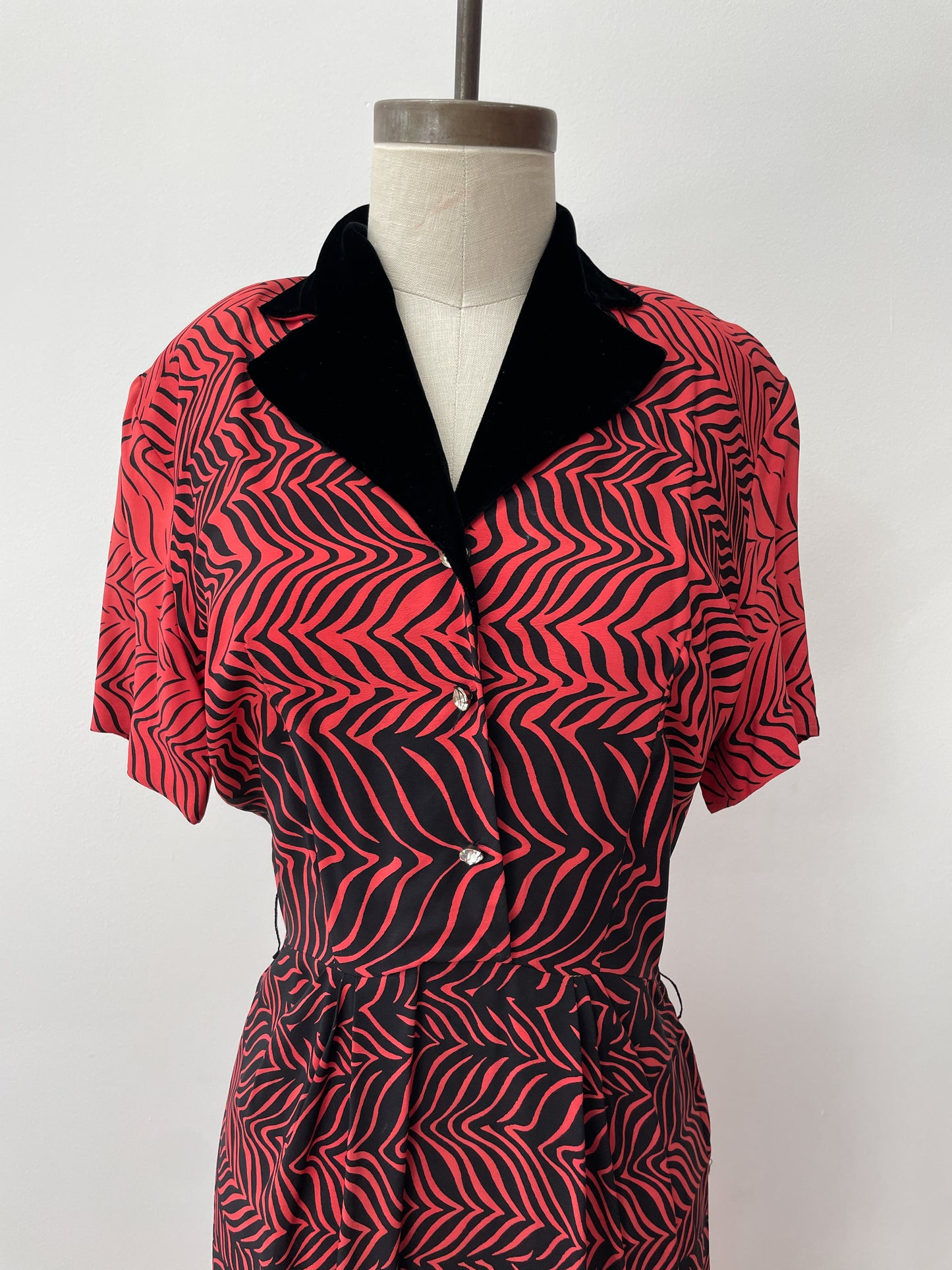 1950s Stunning Black and Red Zig Zag Dress with Velvet and Rhinestones