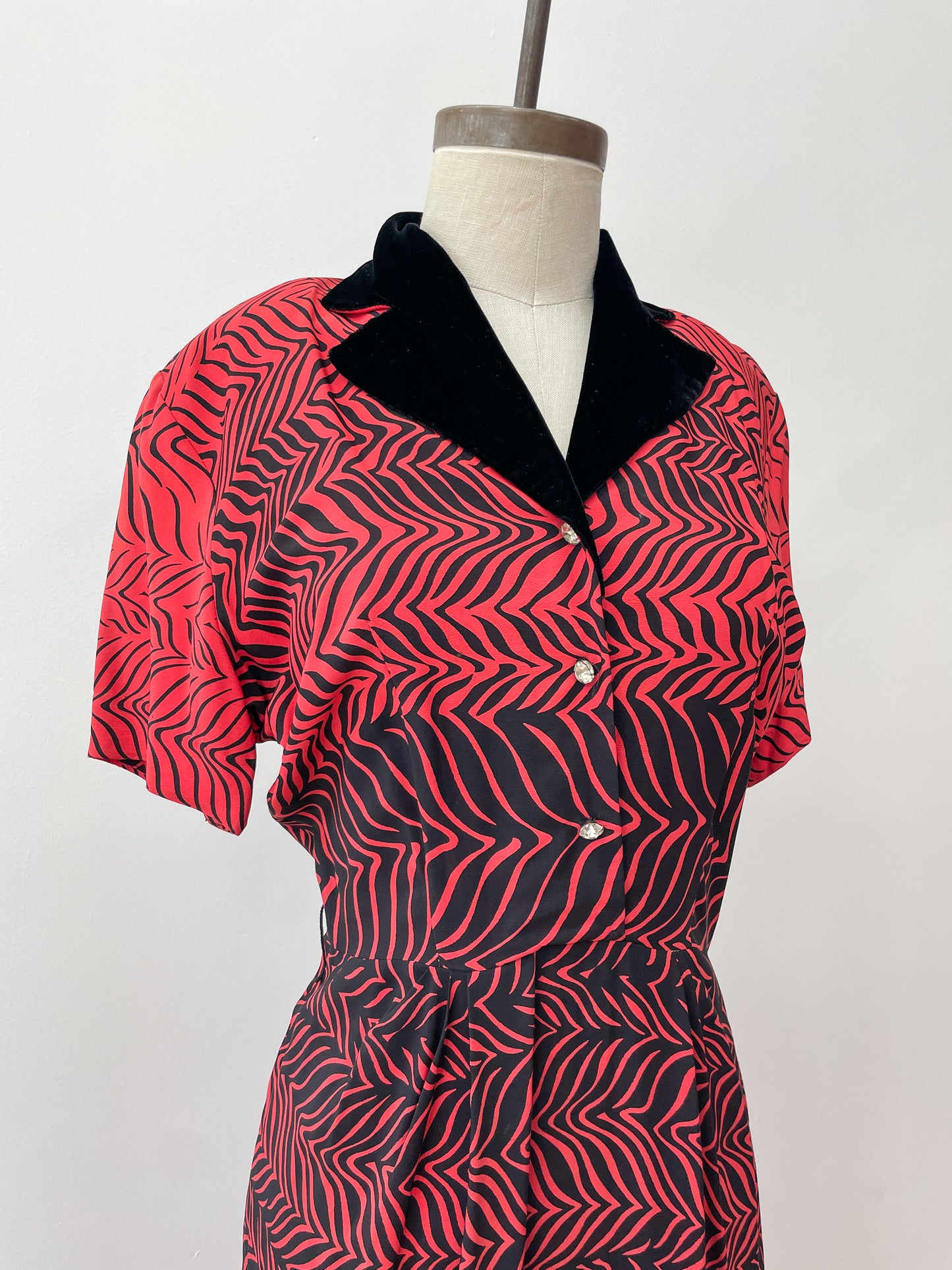 1950s Stunning Black and Red Zig Zag Dress with Velvet and Rhinestones