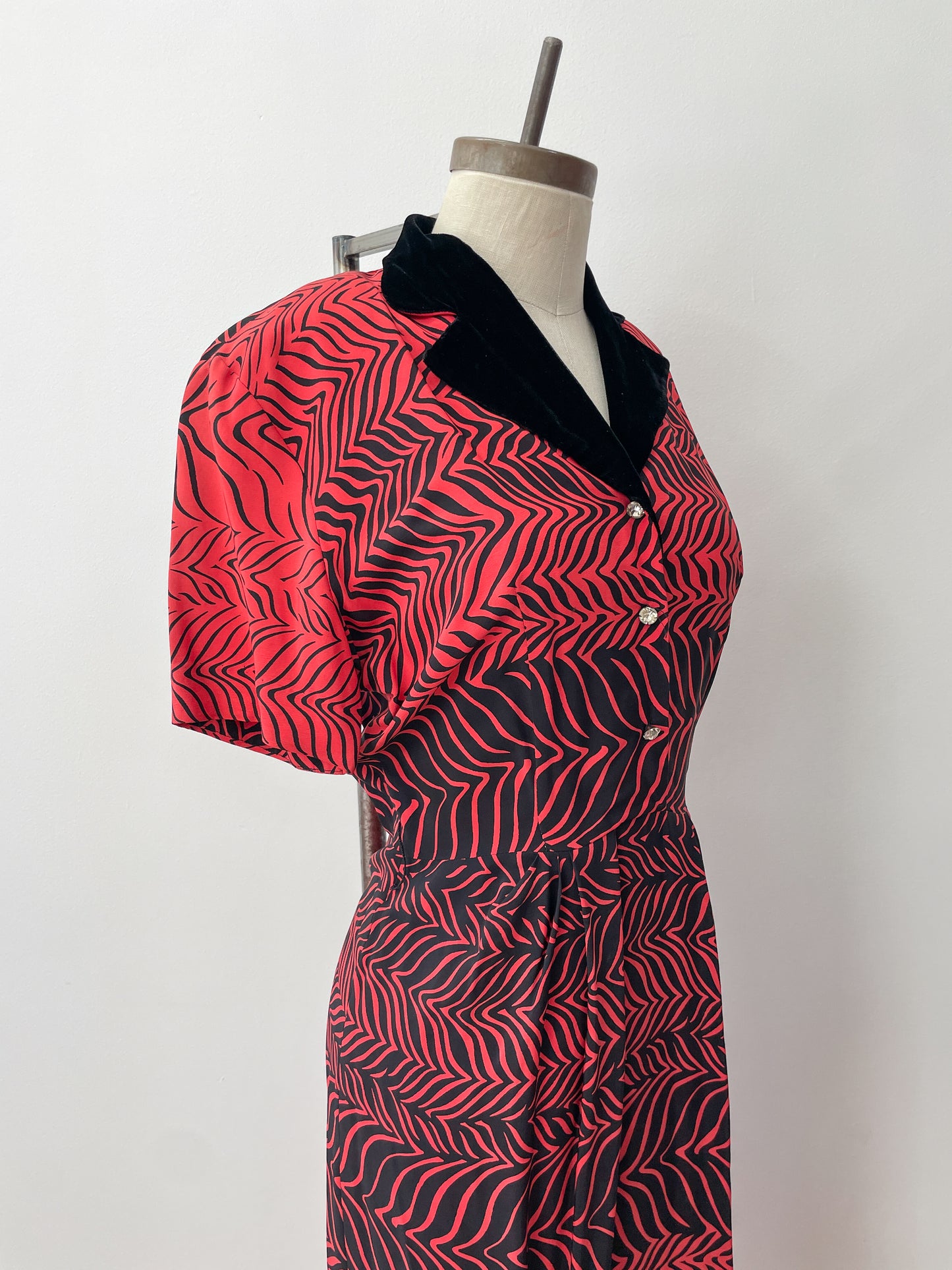 1950s Stunning Black and Red Zig Zag Dress with Velvet and Rhinestones