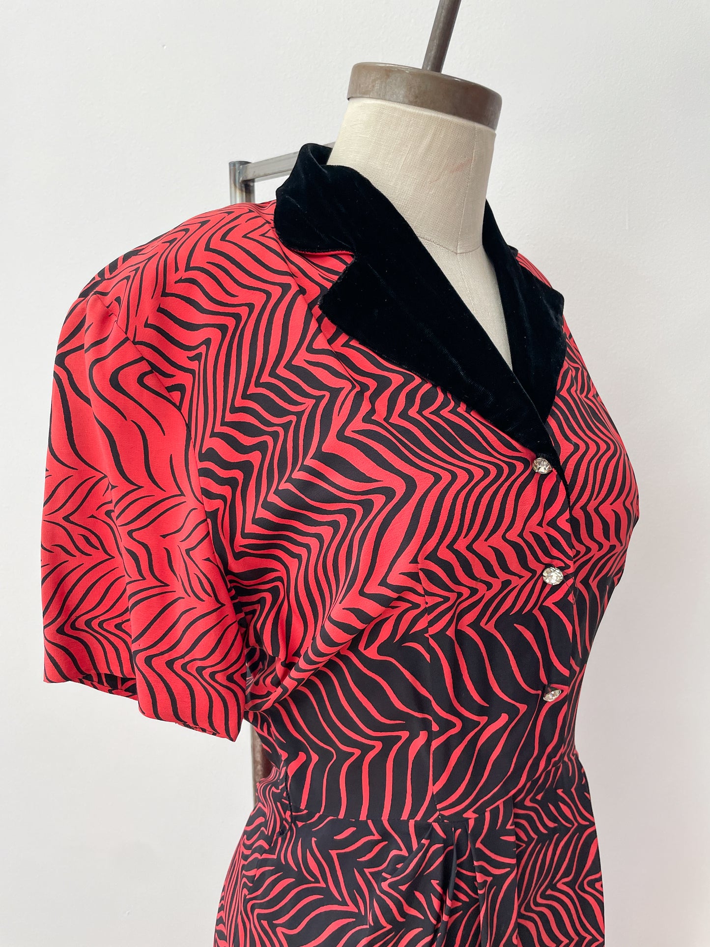 1950s Stunning Black and Red Zig Zag Dress with Velvet and Rhinestones