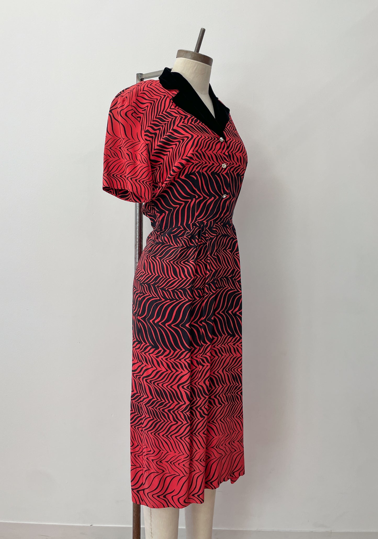 1950s Stunning Black and Red Zig Zag Dress with Velvet and Rhinestones