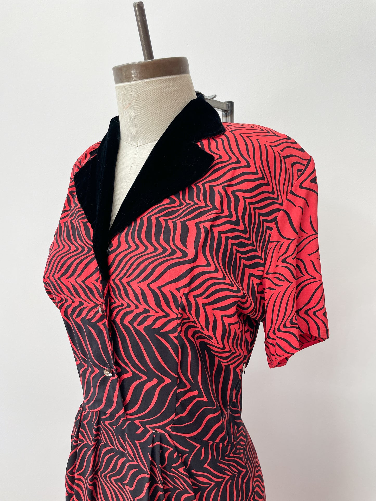 1950s Stunning Black and Red Zig Zag Dress with Velvet and Rhinestones