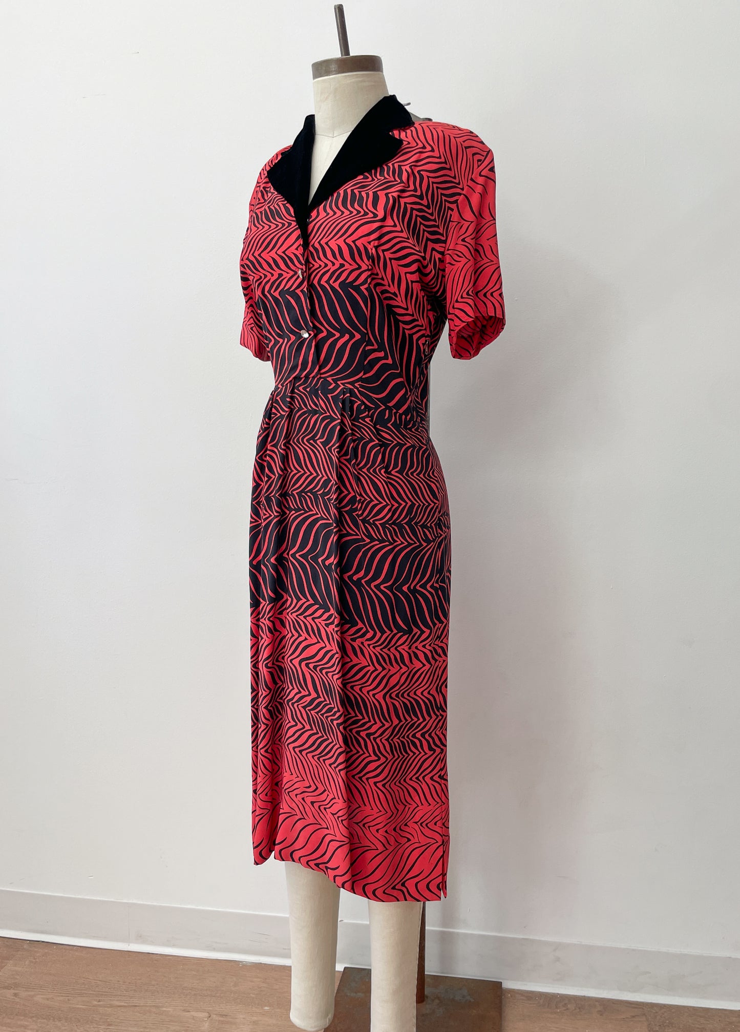 1950s Stunning Black and Red Zig Zag Dress with Velvet and Rhinestones