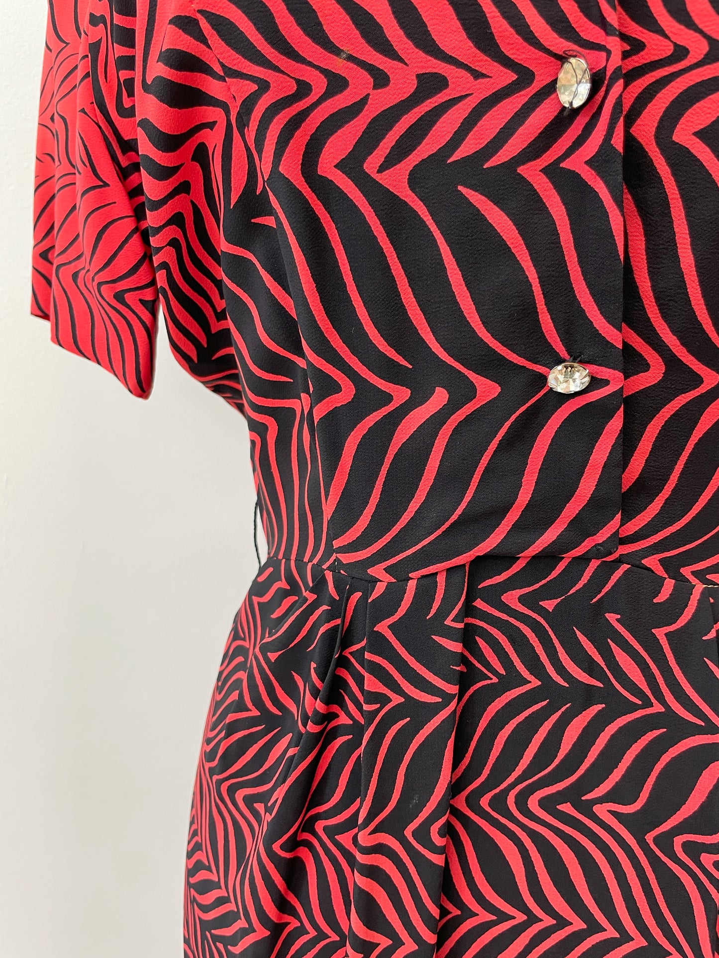 1950s Stunning Black and Red Zig Zag Dress with Velvet and Rhinestones