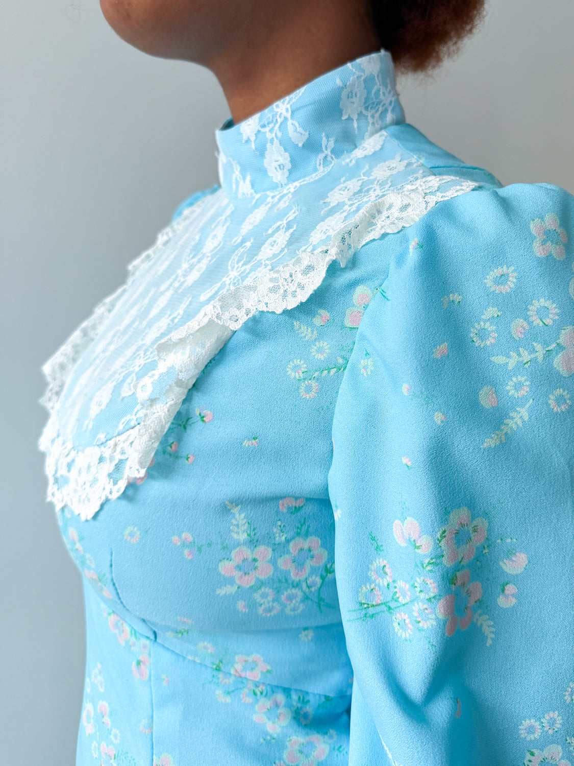 1970s Vintage Baby Blue Lace Edwardian Prairie Gown