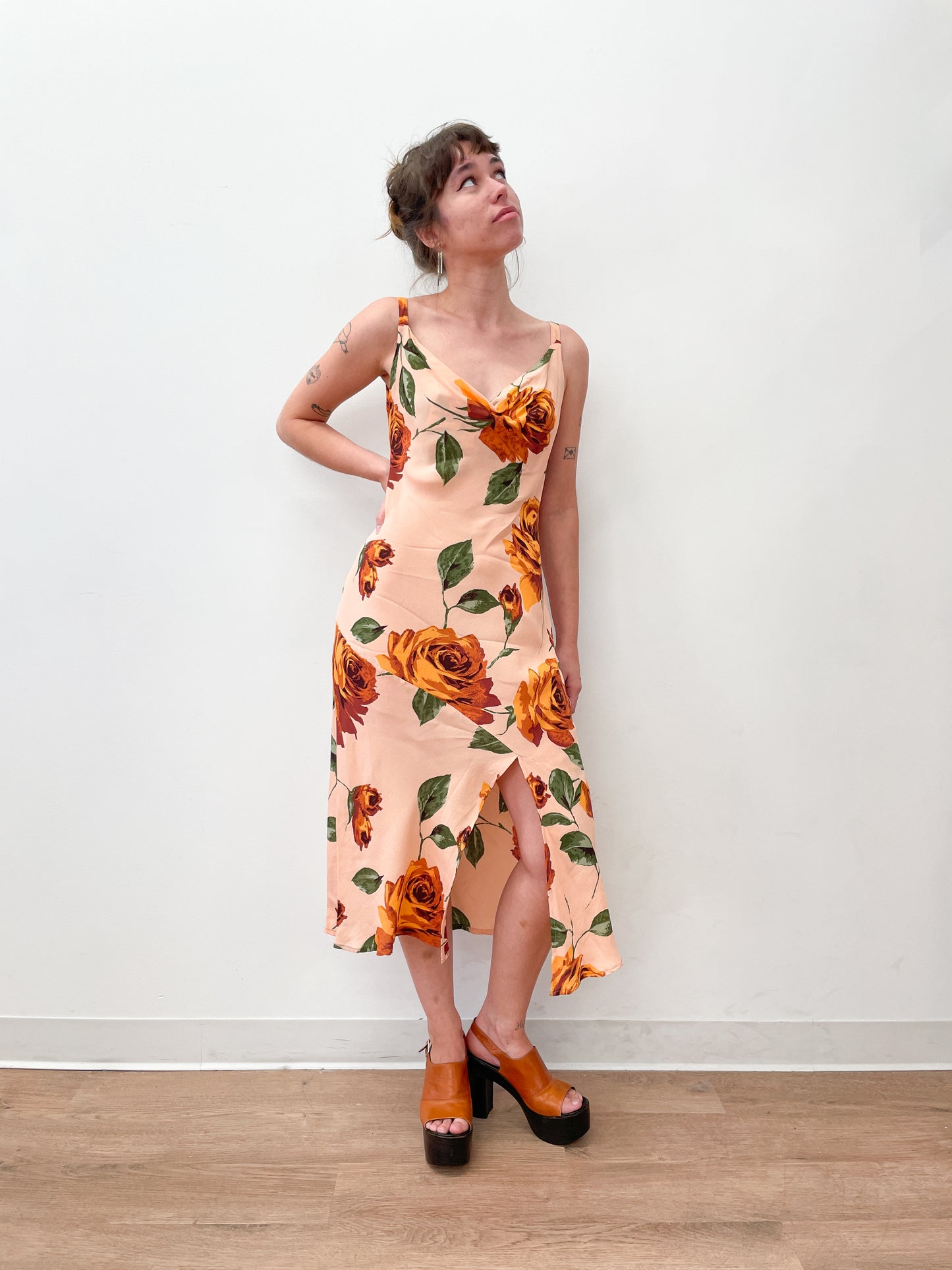 1990s Vintage Peach Roses Rayon Dress