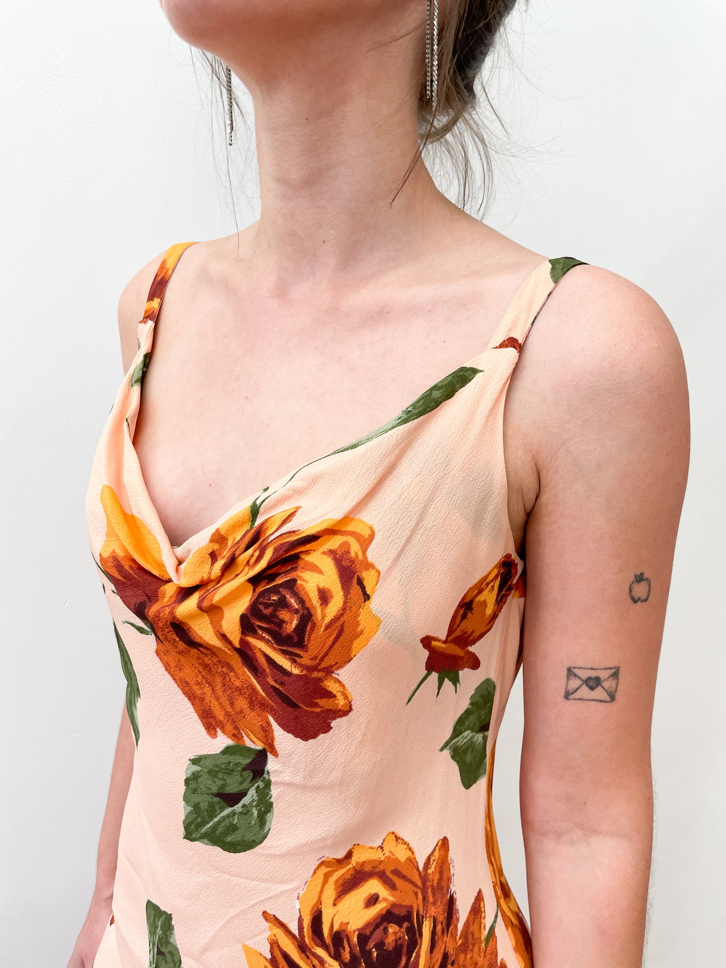 1990s Vintage Peach Roses Rayon Dress