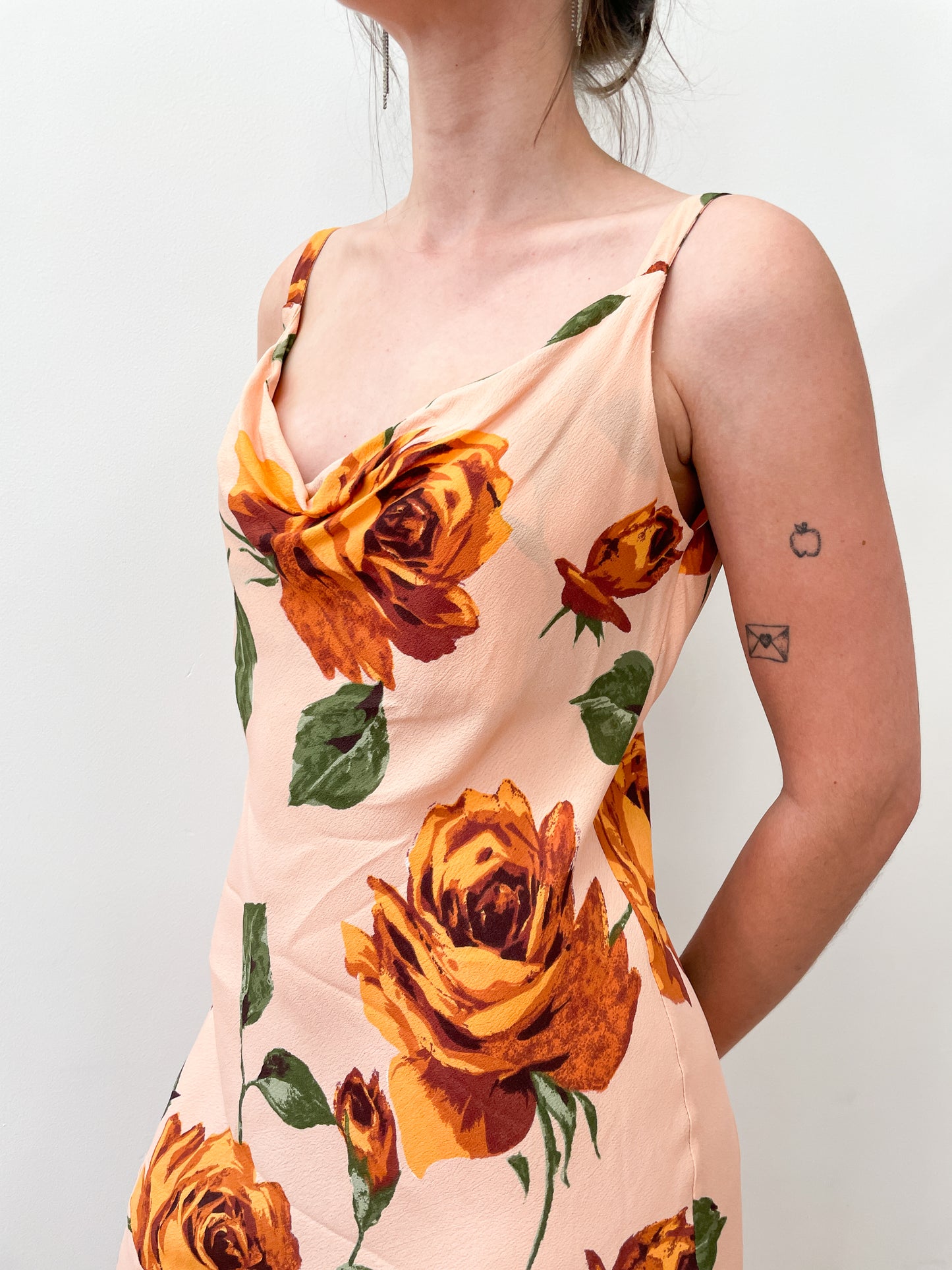 1990s Vintage Peach Roses Rayon Dress