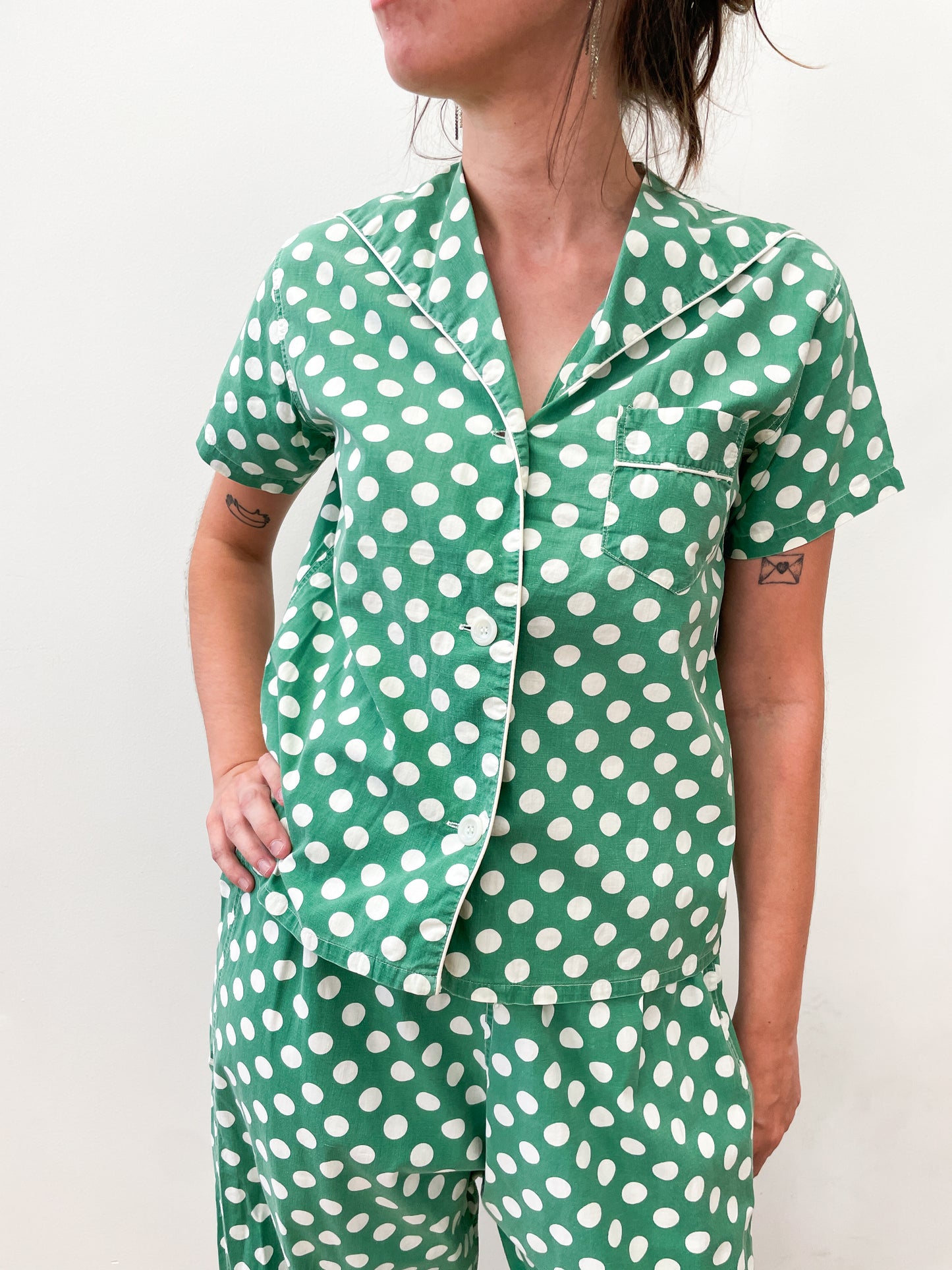 1950s Vintage Green Polka Dot Cotton 3 Piece Pajama Sleep Set