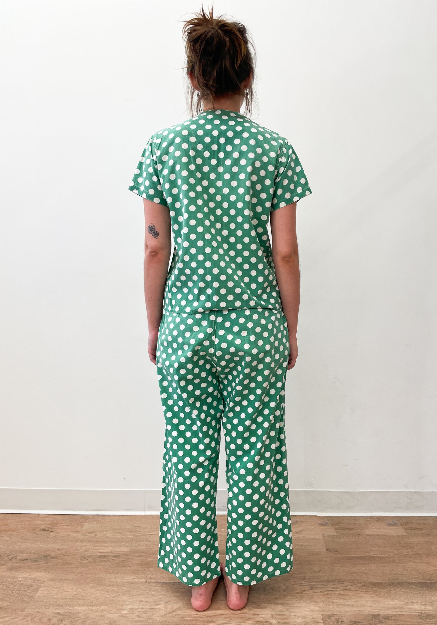 1950s Vintage Green Polka Dot Cotton 3 Piece Pajama Sleep Set